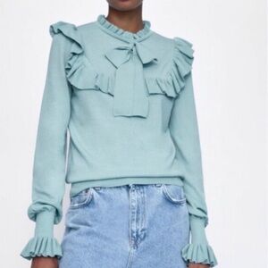 Zara Mint Green/Blue Ruffle Knit Mock Turtleneck Sweater w/ Bow Neckline, Small
